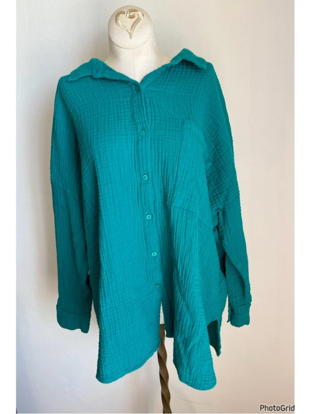 Eileen Fisher 100% Organic Cotton Teal Button Up Top 1X